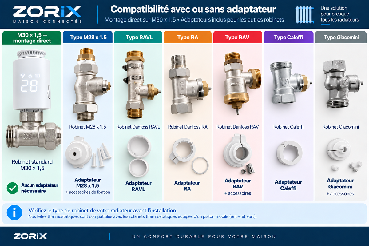 Pack ZORIX sur mesure — 3 à 10 têtes thermostatiques, thermostat et passerelle