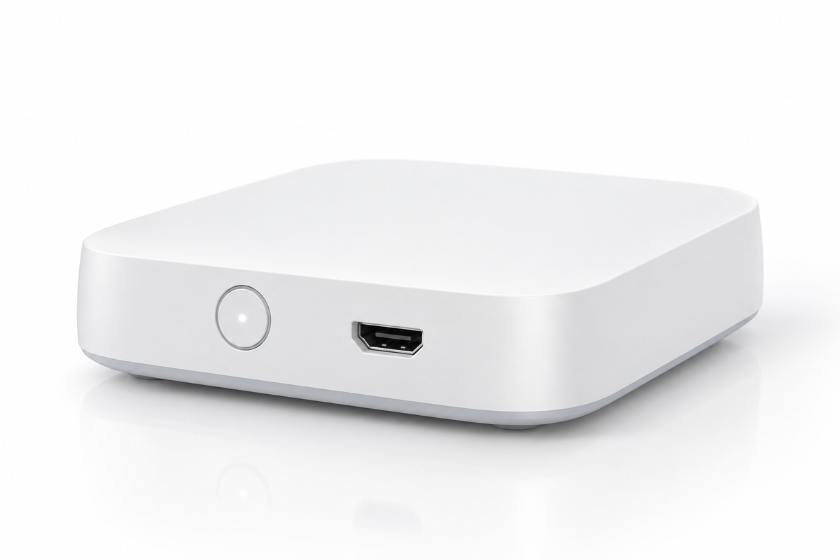 Passerelle Zigbee ZORIX vue de face, bouton d'appairage et port d'alimentation