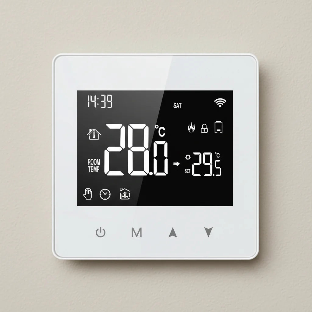 Thermostat connecté WiFi ZORIX monté sur un mur beige, cadre blanc et écran noir
