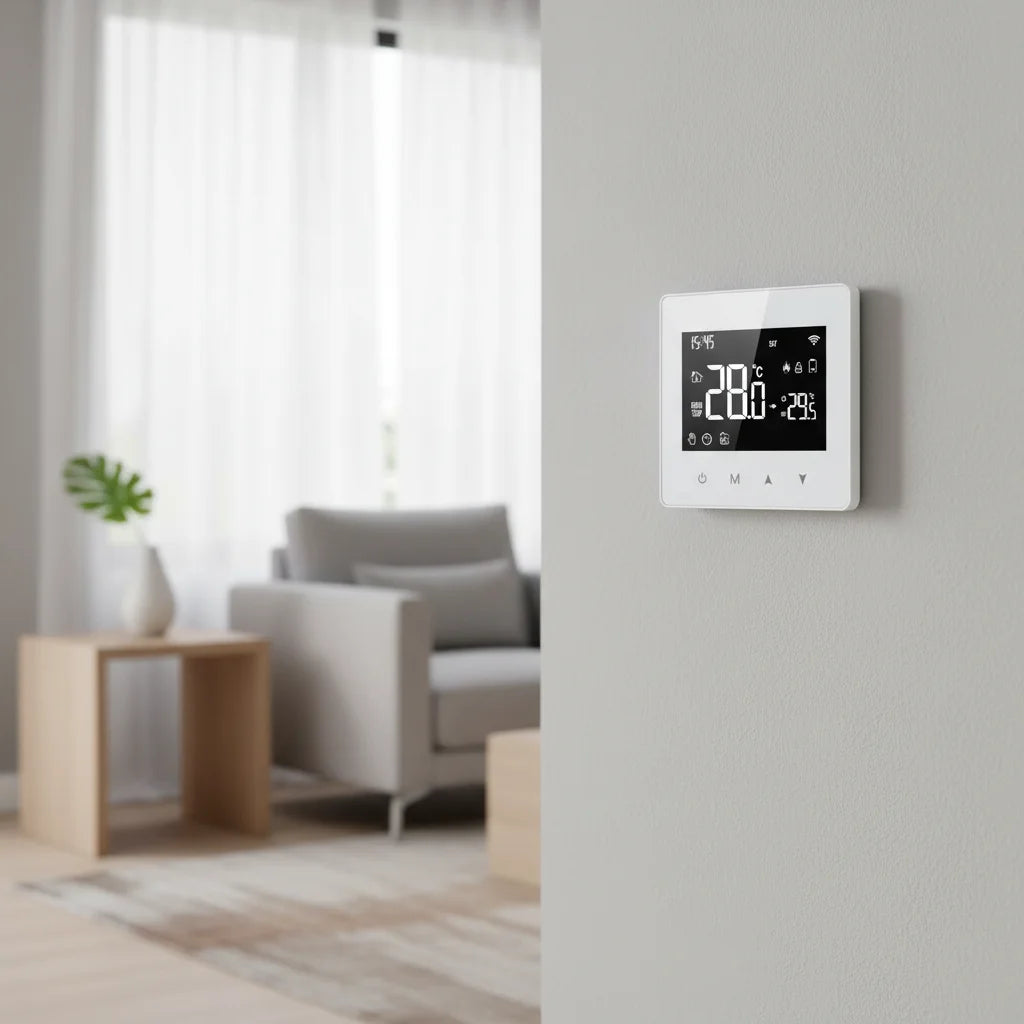Thermostat connecté WiFi ZORIX installé au mur dans un salon
