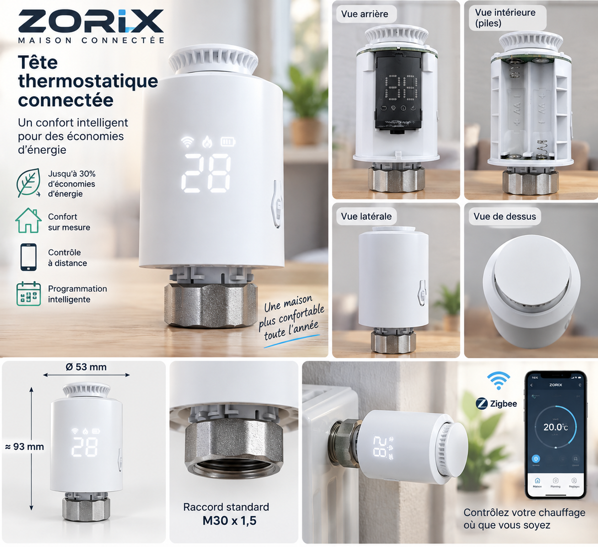 Pack ZORIX sur mesure — 3 à 10 têtes thermostatiques, thermostat et passerelle