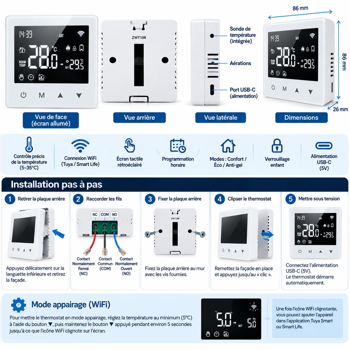 Thermostat connecté WiFi ZORIX — programmable, Alexa & Google