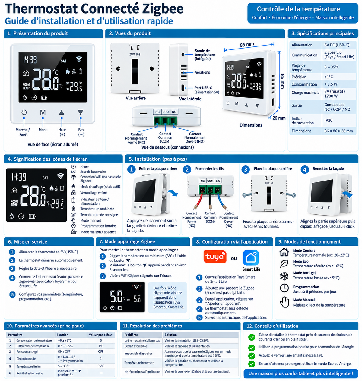 Thermostat connecté WiFi ZORIX — programmable, Alexa & Google
