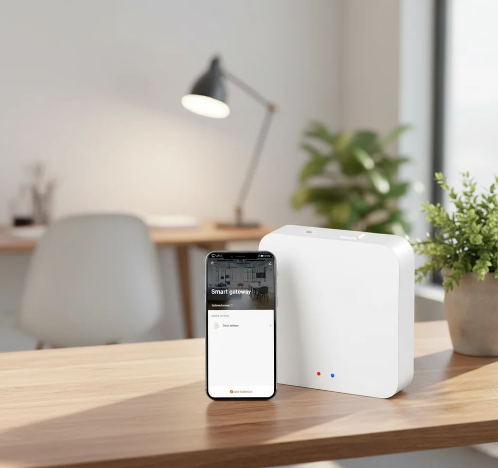 Passerelle Zigbee ZORIX posée sur un bureau à côté d'un smartphone affichant l'application de chauffage