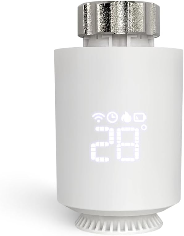 Tête thermostatique connectée ZORIX vue de face, écran LED affichant 28 °C et icônes Zigbee, programmation et batterie
