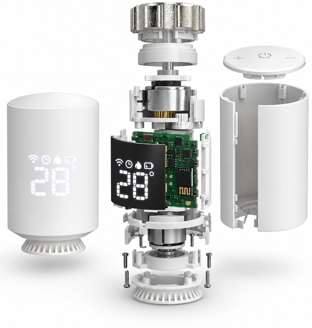 Vue éclatée de la tête thermostatique connectée ZORIX : corps, écran LED, carte électronique Zigbee et bague de fixation
