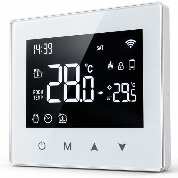Thermostat connecté WiFi ZORIX blanc vu de trois quarts, écran tactile affichant 28 °C